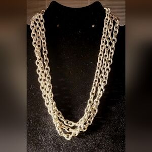 Trifari White Enamel Multi-Strand Chain Necklace with Geometric Clasp